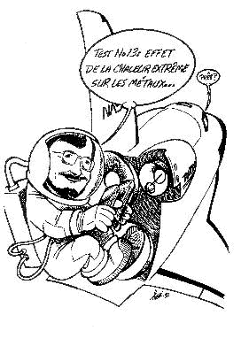 Caricature de Robert Provencher dans la navette spatiale, r&eacute;alisant des tests sur des m&eacute;taux